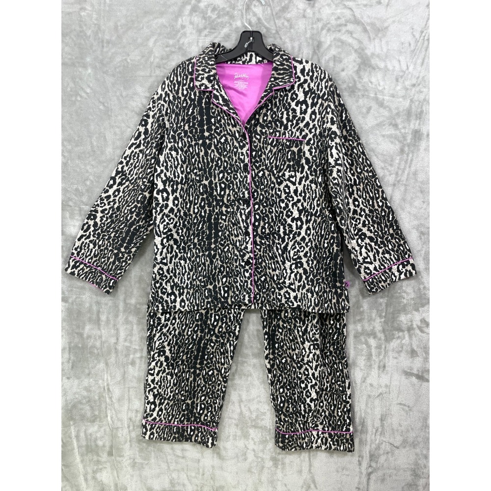 Nick & Nora Flannel PJ's Pajama Set Black Leopard Animal Print Size L Black Pink